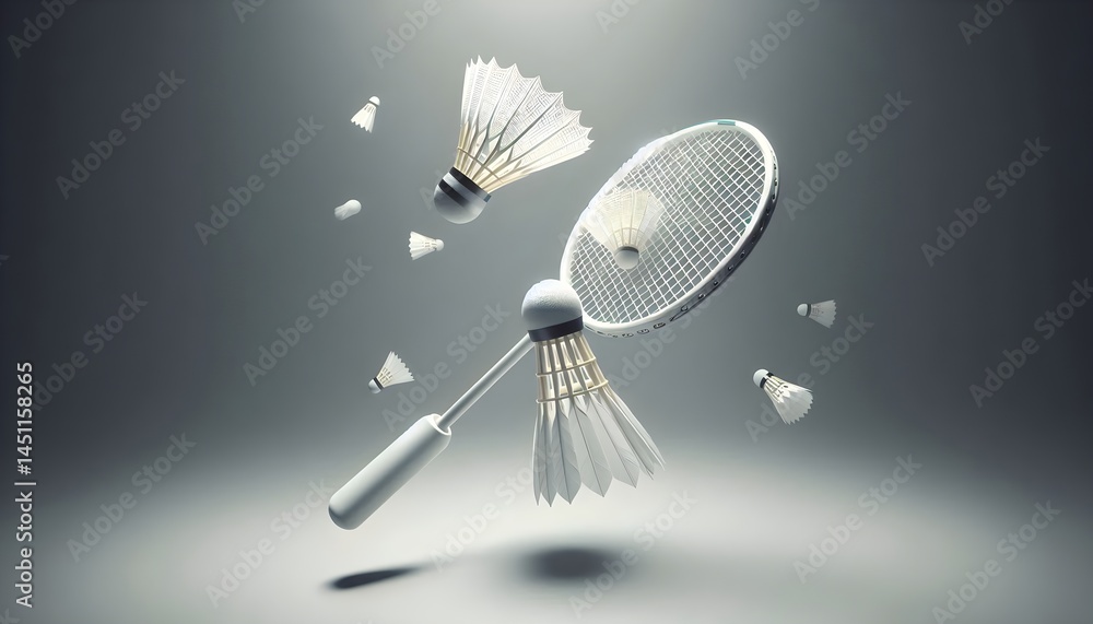 Poster minimalistic badminton racket and shuttlecock floating in studio mockup with realistic lighting on c