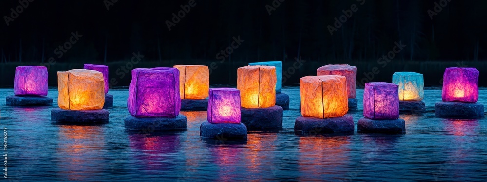 Poster illuminated colorful stones emerging from water, creating a serene and artistic atmosphere during tw