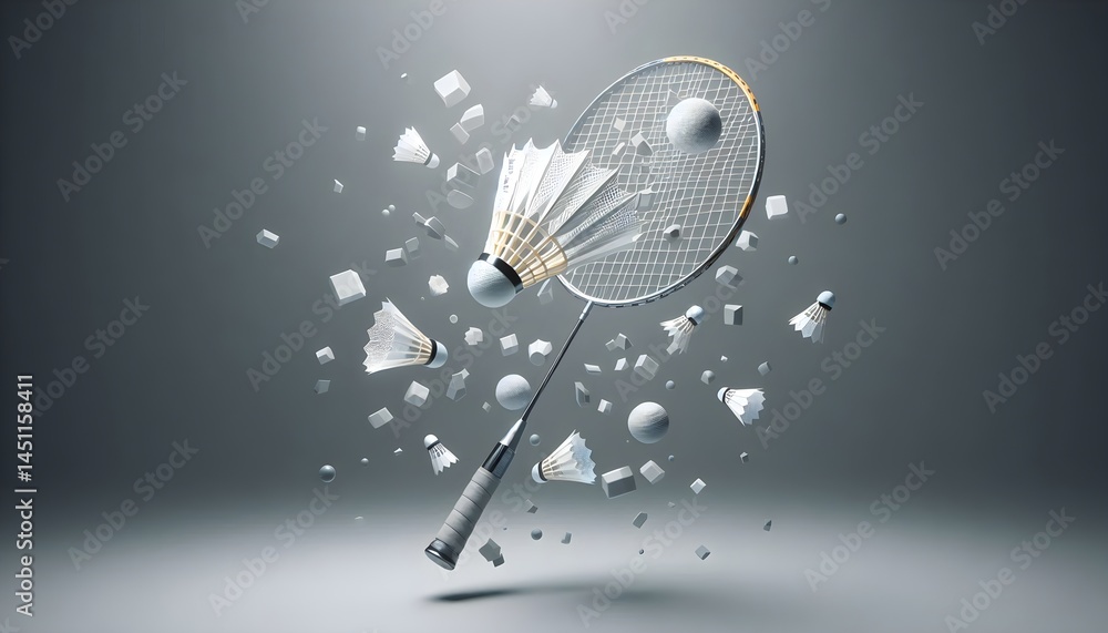 Poster floating badminton racket and shuttlecock displayed on smooth gray background with professional stud