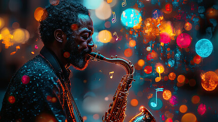 A man plays saxophone in a vibrant urban setting.  Music fills the air