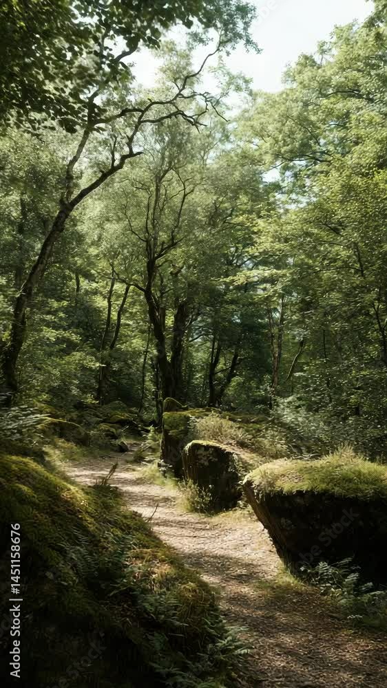 Poster scenic woodland path winding through lush green forest with mossy rocks and dappled sunlight filteri
