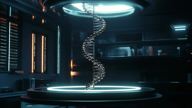 Scientific visualization of a digital DNA model in a modern lab