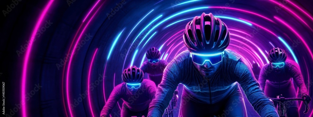 Poster cyclists racing through a neon-lit tunnel, showcasing a futuristic and dynamic environment that emph