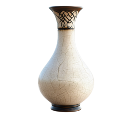 A white vase with a brown border and a black and white design