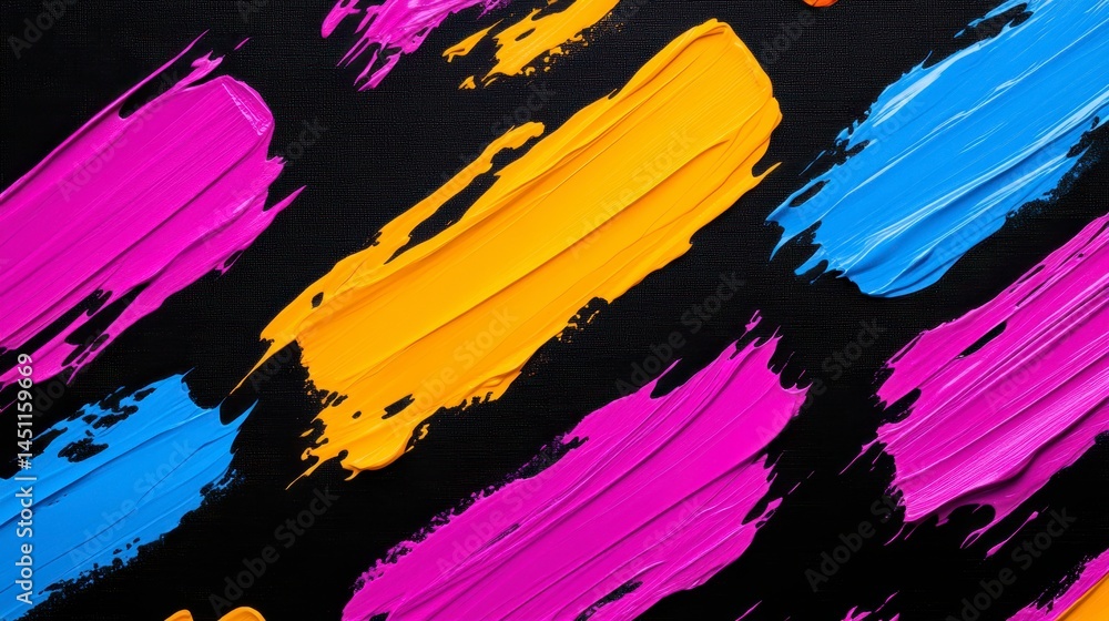 Poster vibrant abstract paint strokes in contrasting colors on a textured black canvas, creating a dynamic 