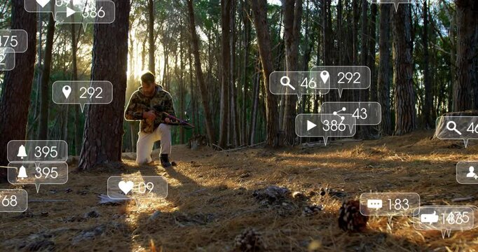 male kneeling aiming crossbow in pine forest at sunset, showing floating marketing icons