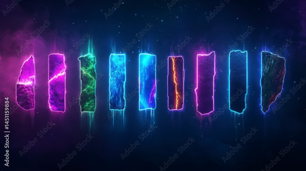 Poster a captivating array of glowing cosmic stones showcasing vibrant colors and elements in a mystical un