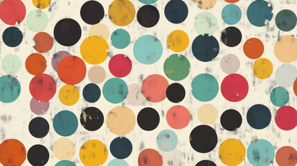 Abstract colorful polka dot pattern with distressed textured circles in various sizes and vibrant hues on a neutral background for artistic and decorative design