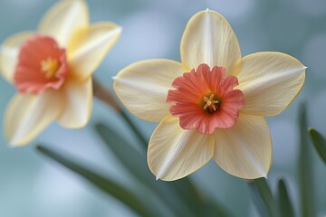 Two daffodils with pale yellow petals and coral-colored centers.  Close-up view, soft focus