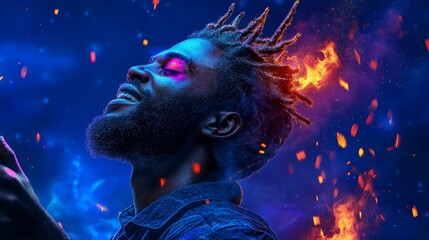 A man with vivid dreadlocks immersed in a vibrant, fiery atmosphere, capturing a moment of joy and depth amidst swirling colors and sparks
