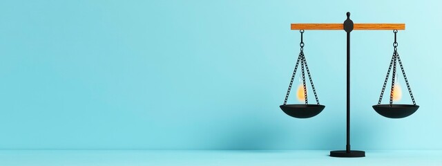 A balanced scale with a minimalist design against a light blue backdrop, symbolizing justice and fairness in legal matters.
