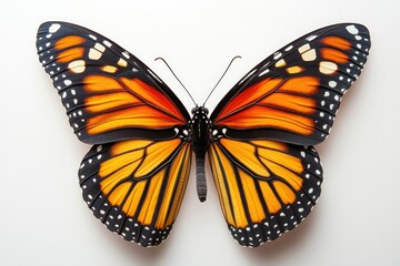 Naklejka premium A vibrant monarch butterfly with striking orange, black, and white patterned wings, showcasing its intricate details against a plain white background.