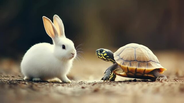 A white rabbit facing a small yellow turtle in a natural setting, depicting a concept of speed versus steadiness, focus on determination