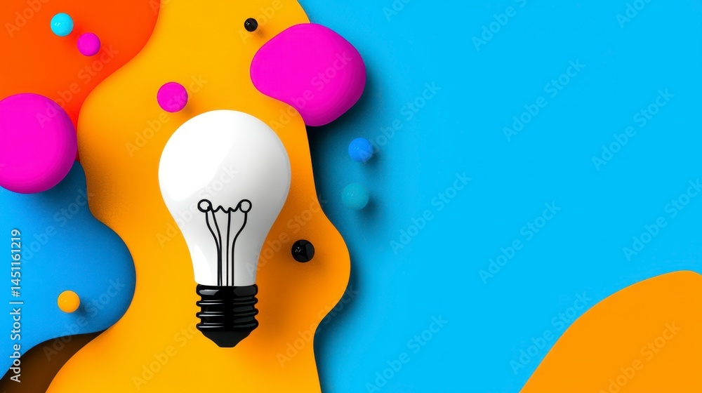 Poster a vibrant composition featuring a light bulb against a colorful abstract background with playful sha