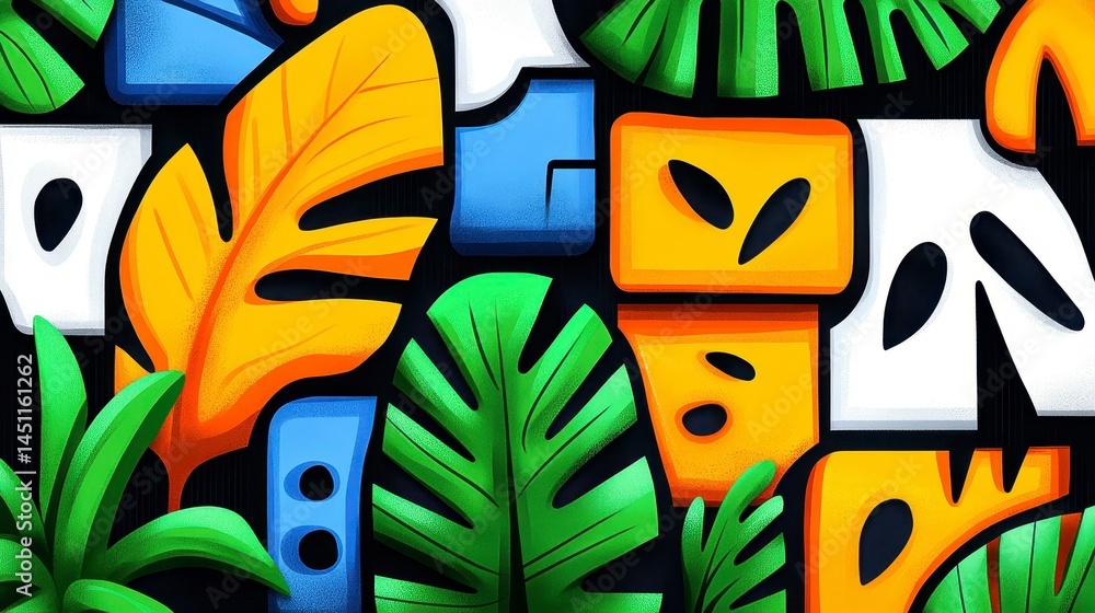 Poster vibrant tropical foliage and abstract shapes creating a lively and colorful background for creative 