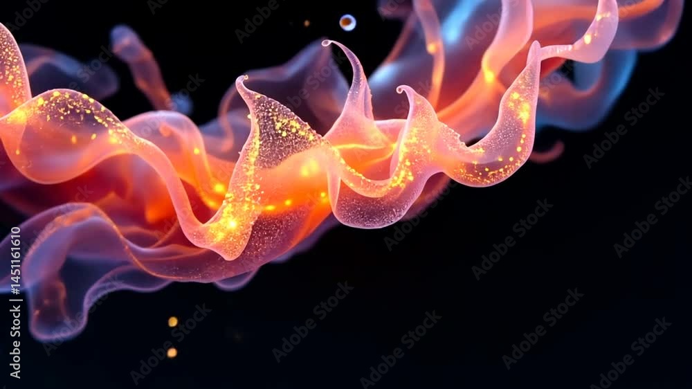 Poster abstract animation with flowing orange and blue translucent forms adorned with shimmering golden par