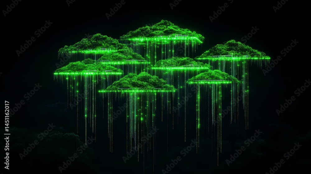 Poster surreal green floating islands in a dark atmosphere with luminous waterfalls creating a mystical amb