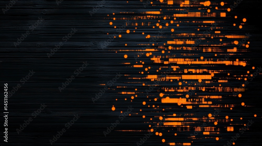Poster abstract digital pattern with orange dots and lines on a dark wooden background, illustrating data f