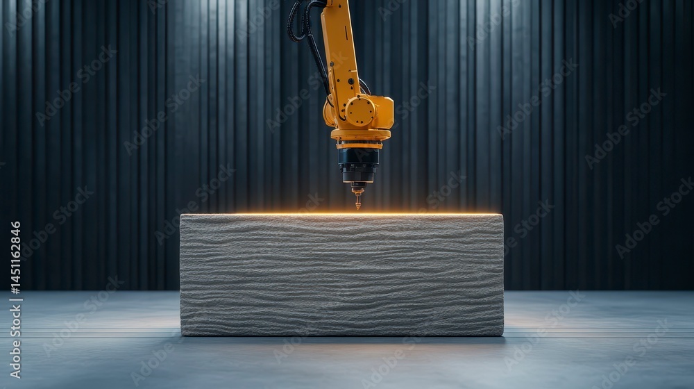 Poster robotic arm carving into a textured stone block in a modern industrial setting with dramatic lightin