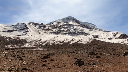 Chimborazo volcano on a sunny day. It is the highest volcano and mountain in Ecuador, at 6263 meters above sea level. View from the Carrel Refuge. Ecuador	