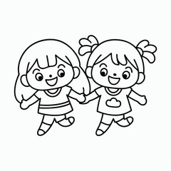Outline Cartoon Kids Holding Hands – Joyful Vector Art