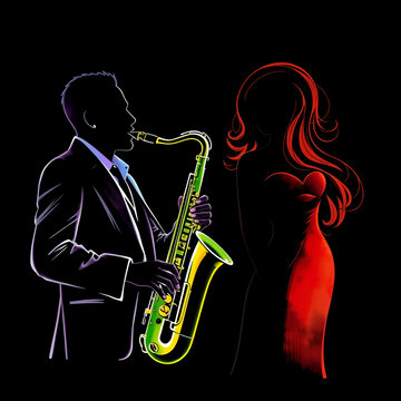 Saxophonist and singer. Grattage technique. Silhouette of saxophone player and songstress. Jazz illustration. Colorful drawing on black background. Vector sketch.