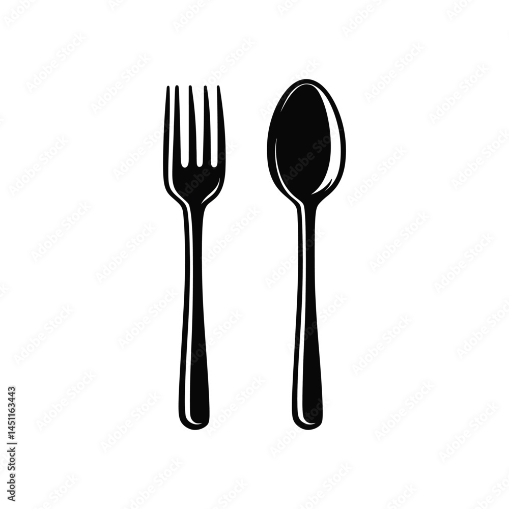 Poster simple fork and spoon in black on transparent background icon set