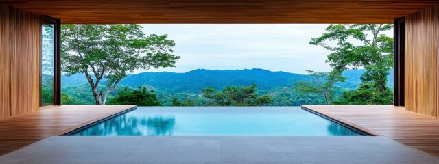 Serene mountain retreat with infinity pool overlooking lush greenery and distant hills under a clear sky