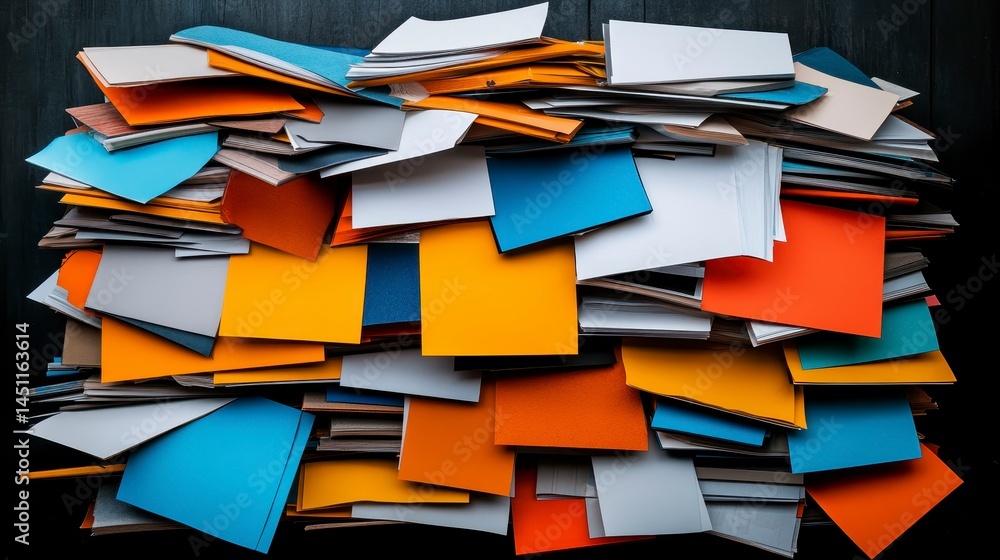 Poster a vibrant chaotic stack of assorted paper and files in various colors creating a colorful abstract b