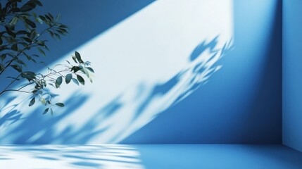 Serene blue room illuminated by natural light casting ethereal leaf shadows
