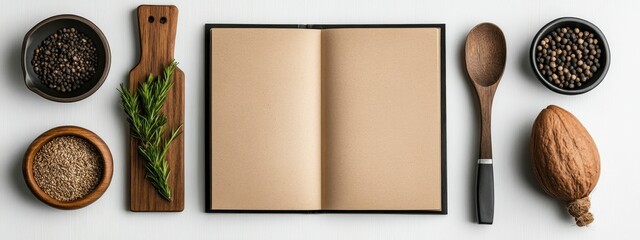 An inviting kitchen workspace showcasing empty recipe book surrounded by various spices and cooking utensils for culinary inspiration