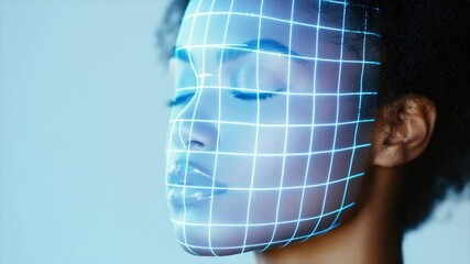 Digital face scan overlay on a woman's face - Powered by Adobe