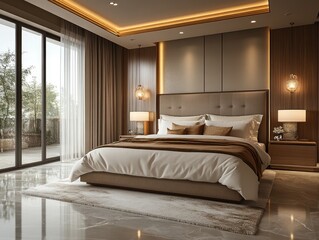 Luxurious modern bedroom suite overlooking balcony