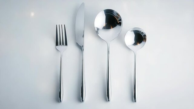 Shiny silverware set including fork, knife, soup spoon, and dessert spoon arranged neatly on a white surface, kitchenware