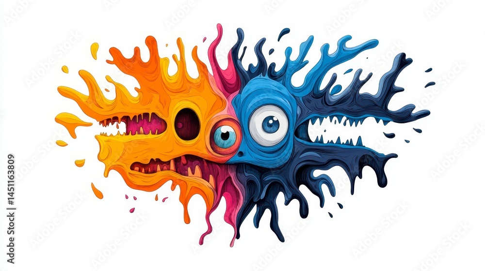 Poster a vibrant abstract representation of two opposing creatures merging, showcasing vivid colors and pla