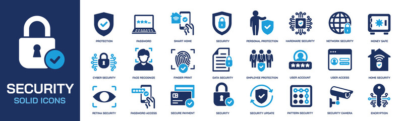 Security  solid icons collection. Containing protection, access, cyber security. Perfect pixel on transparent background. Vector illustration.
