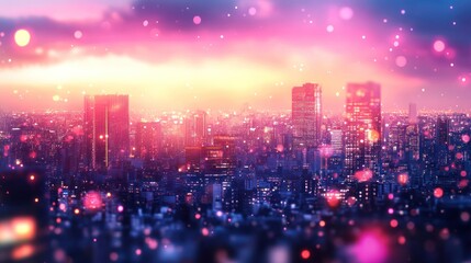 Fototapeta premium Pink Hued Cityscape with Bokeh Lights at Twilight: An Ethereal Urban Vision