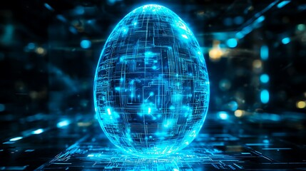 Futuristic glowing blue digital egg with circuit patterns representing technology and innovation in a virtual world
