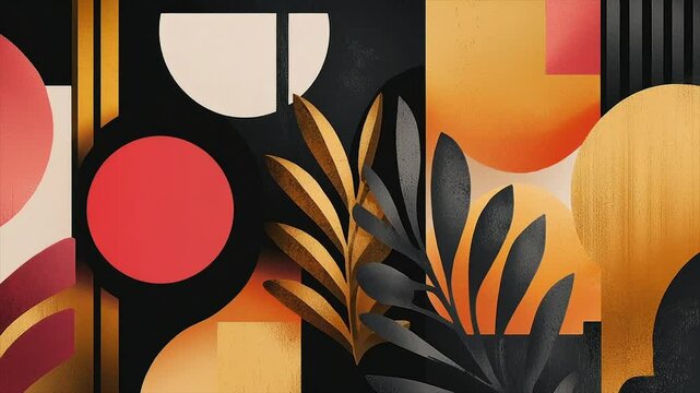 Geometric abstract art with warm tones and foliage
