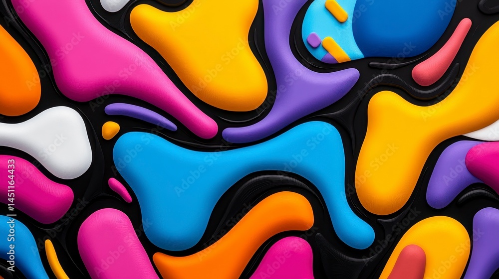 Poster colorful abstract fluid shapes creating a vibrant and dynamic composition on a dark background, emph