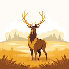 Capture the serene beauty of a majestic stag with large antlers standing in a misty, golden field. with white background
