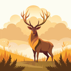 Capture the serene beauty of a majestic stag with large antlers standing in a misty, golden field. with white background