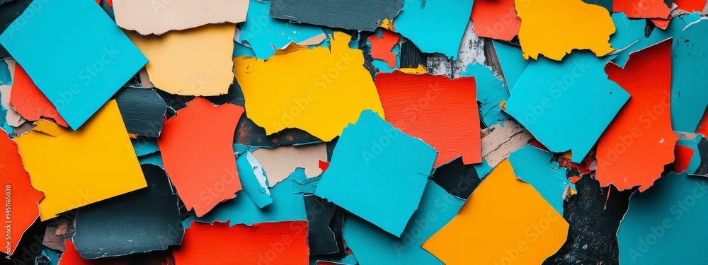 Poster colorful and textured scraps of paint layered artistically on a black surface, creating a visually s