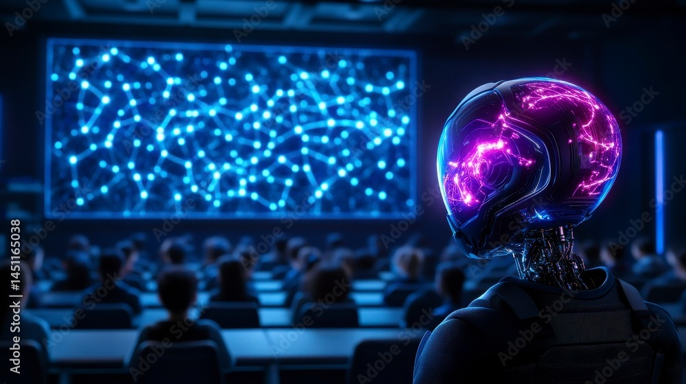 Poster futuristic robot educator presenting advanced technology concepts to an engaged audience in a modern