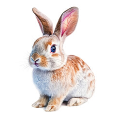 Obraz premium A cute fluffy rabbit with long ears sitting up. It has a mix of white and brown fur, with striking eyes.