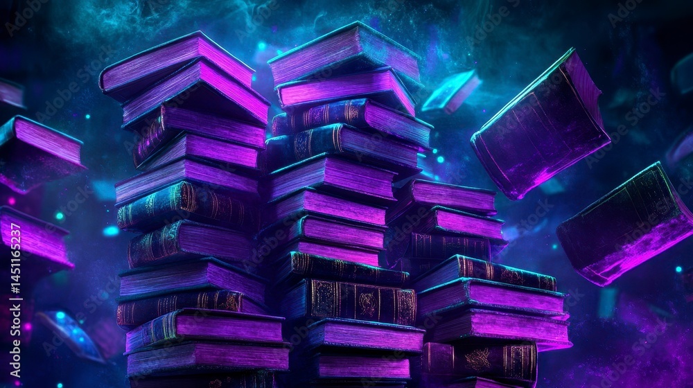 Poster an ethereal collection of floating mystical books surrounded by cosmic elements and vibrant colors c