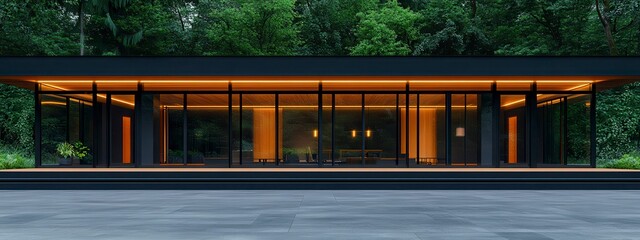 Modern architectural masterpiece blending with nature showcases extensive glass walls, warm lighting, and a serene forest backdrop