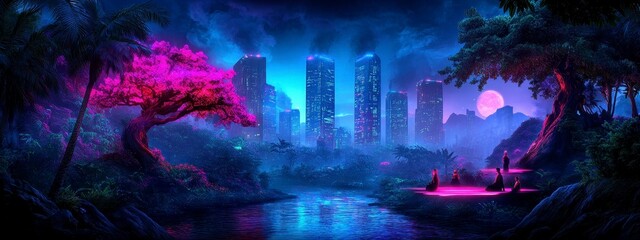 A vibrant futuristic landscape blending nature and urban life under a mystical moonlit sky