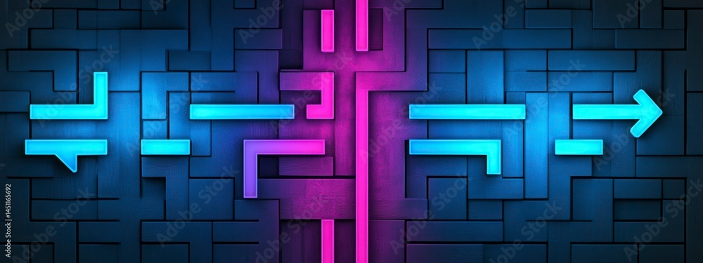 Poster futuristic digital maze with neon arrows indicating directional choices and technological pathways