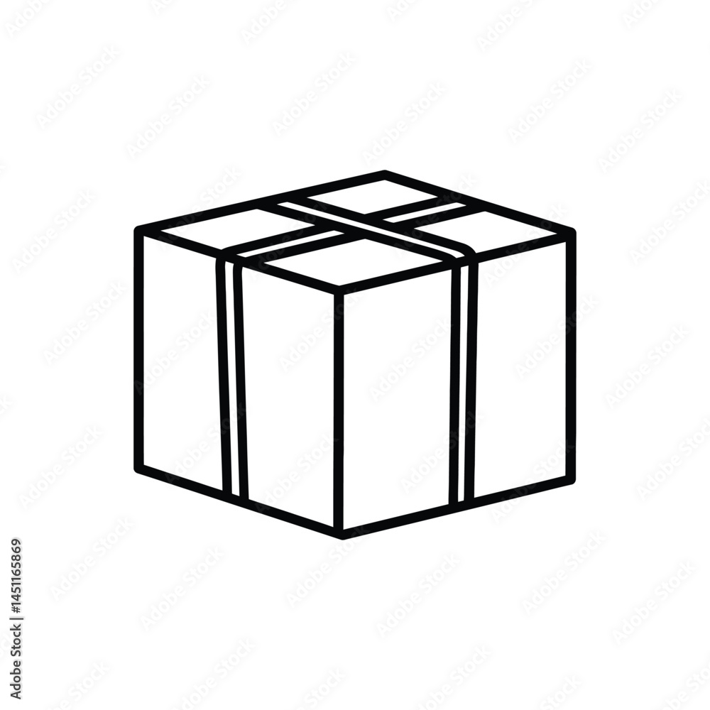 Poster simple minimalist line art of a square cardboard box with transparent background